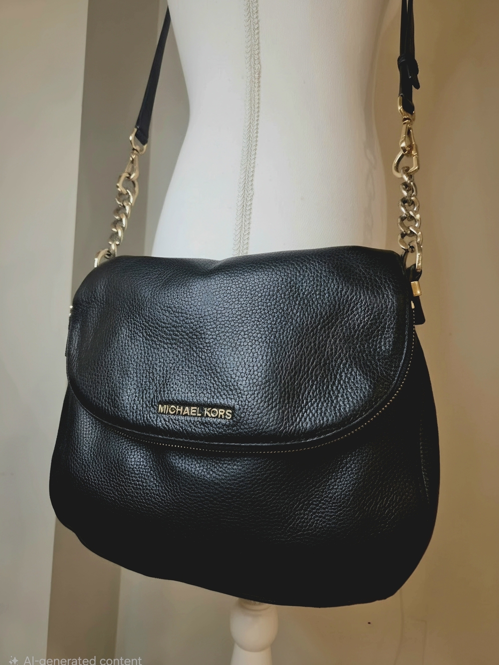 Michael Kors Bedford Crossbody Zip Flap Large Pebbled Leather Black Purse - Picture 3 of 13